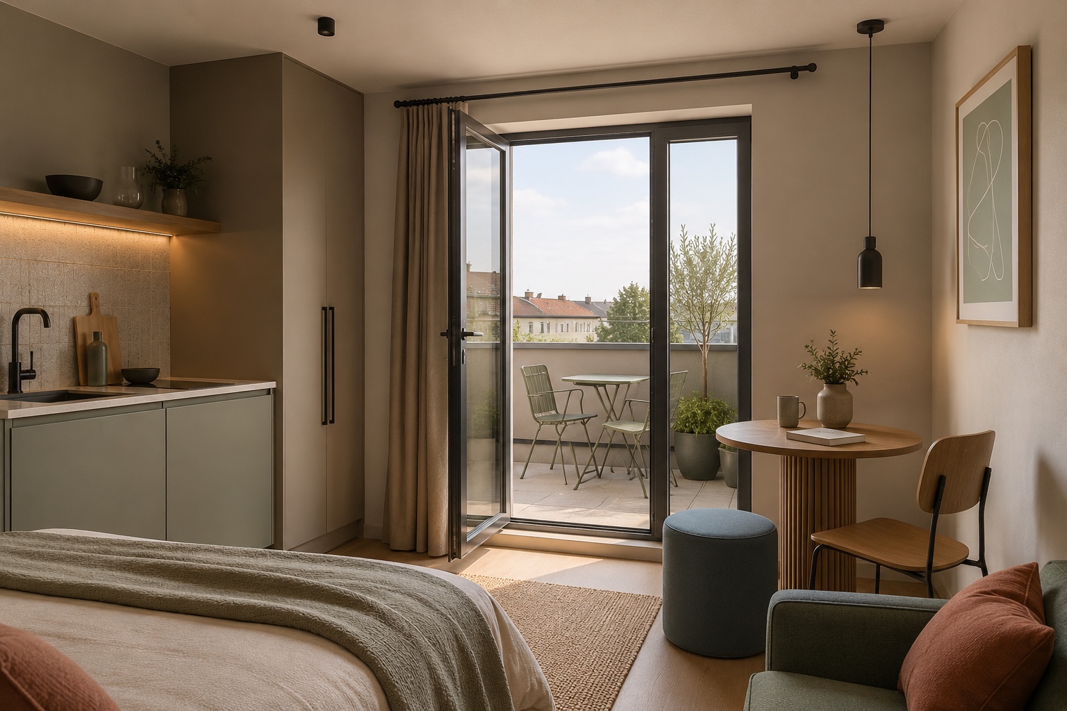 Visualisierung eines möblierten Urban Studios mit Küchenzeile, Essplatz und Balkon
