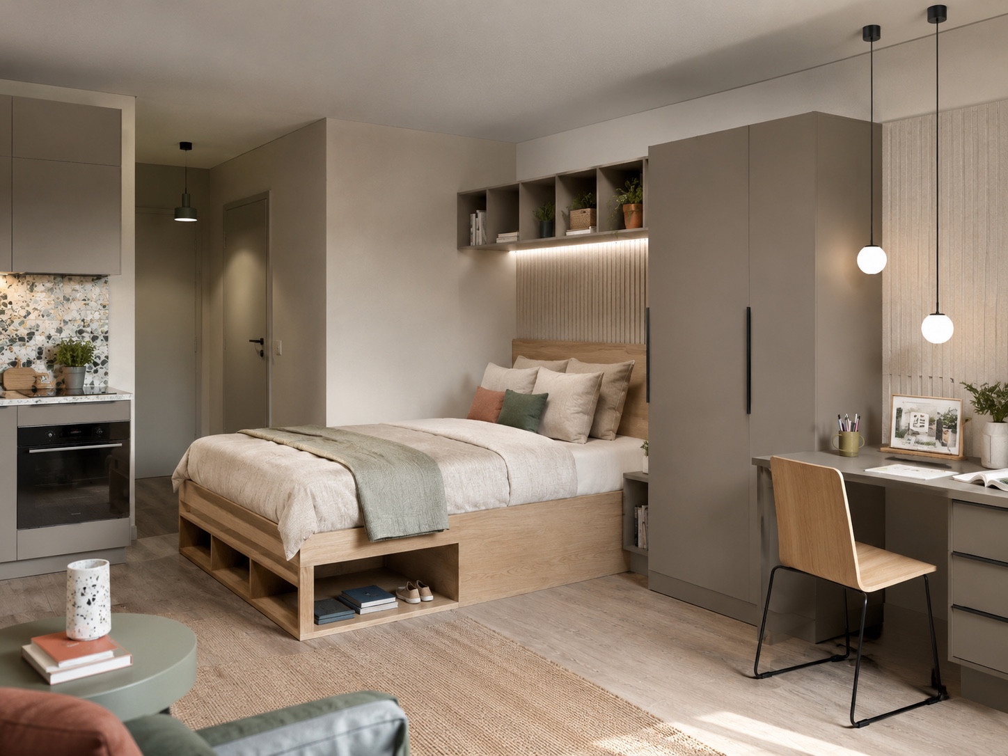 Visualisierung eines Urban Studios mit Bett, Küchenzeile, Stauraum und Arbeitsplatz